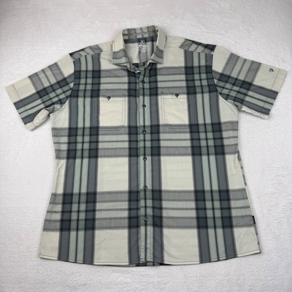 KUHL Button Down Shirt Mens XL Grey Green Plaid Tapered Fit Short Sleeve Hiking